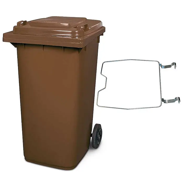 BRB Mülltonne MGB 240 Liter, mit Klemmring für Müllsäcke - braun - Braune Komposttonne auf Rollen mit Deckel und separatem Metall-Beutelhalter.