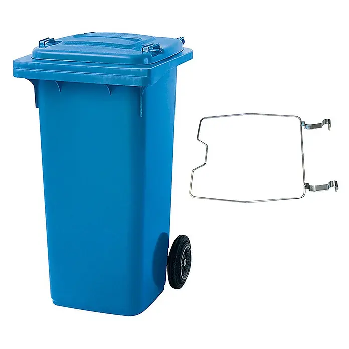 BRB Mülltonne MGB 120 Liter, mit Klemmring für Müllsäcke - blau - Blauer Kunststoff-Rollmüllbehälter mit Deckel und einem separaten silbernen Metall-Müllsackhalter.