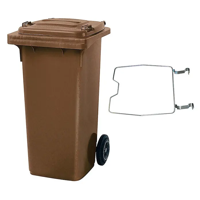 BRB Mülltonne MGB 120 Liter, mit Klemmring für Müllsäcke - braun - Braune Mülltonne auf Rädern mit Deckel und separatem Metallrahmen für Abfallsäcke.
