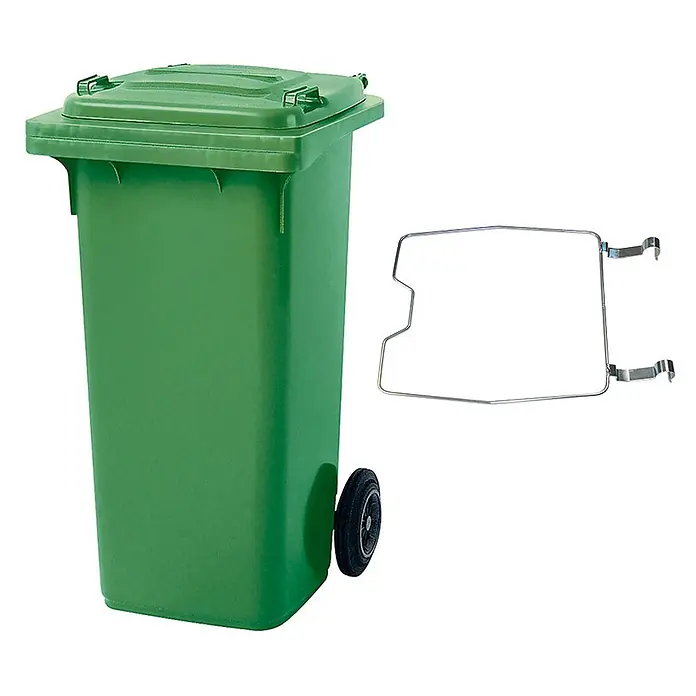 BRB Mülltonne MGB 120 Liter, mit Klemmring für Müllsäcke - grün - Grüne Kunststoff-Rollmülltonne mit Deckel, dazu ein Metall-Müllsackhalter.