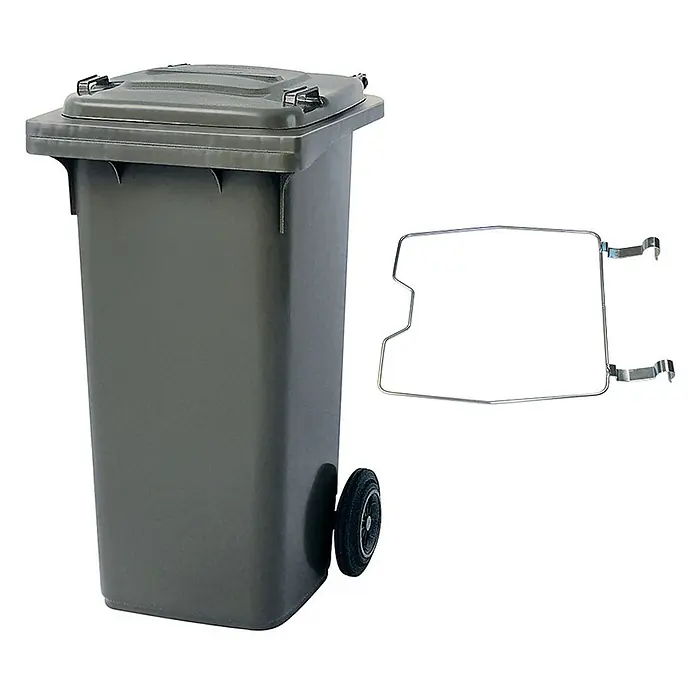 BRB Mülltonne MGB 120 Liter, mit Klemmring für Müllsäcke - anthrazit - Dunkelgraue Mülltonne mit Rollen und Deckel, sowie separater Metall-Beutelhalterung.