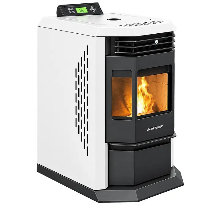 SCHENGER Pelletofen HLP3602 Weiß 9,3kW WLAN -  - Weißer und schwarzer Pelletofen mit Digitalanzeige und sichtbarer Flamme im Brennraum.