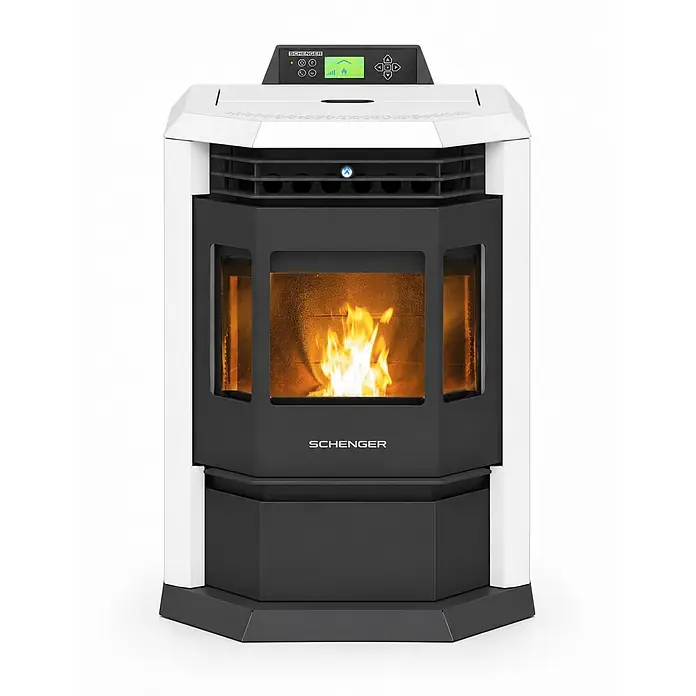 SCHENGER Pelletofen HLP3602 Weiß 9,3kW WLAN -  - Weiß-schwarzer moderner Holzpelletkamin mit sichtbarer Flamme hinter Glas und Digitalanzeige.