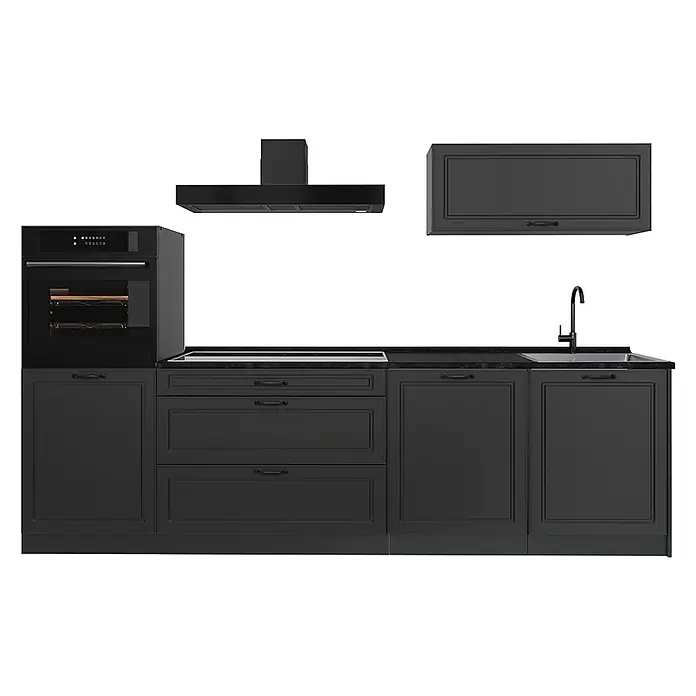 Küchenzeile R-Line 280 cm Anthrazit Landhaus Art.-Nr. 67970 -  - Moderne dunkelgraue Modulküche mit Backofen, Kochfeld, Spüle, Dunstabzugshaube und Lagerschränken.