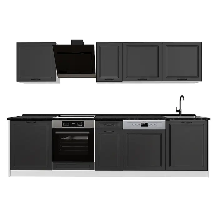 Küchenzeile R-Line 280 cm Anthrazit Landhaus Art.-Nr. 67922 -  - Dunkelgraue modulare Küchenzeile mit Ober- und Unterschränken, schwarzer Arbeitsplatte, Backofen, Kochfeld, Geschirrspüler, Spüle und Dunstabzugshaube.