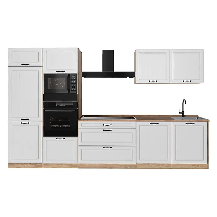 Küchenzeile R-Line 340 cm Weiß Landhaus Art.-Nr. 68059 -  - Weiße Küche mit hellen Holzarbeitsplatten, schwarzen Einbaugeräten (Mikrowelle, Backofen, Kochfeld, Dunstabzugshaube) und Spüle mit schwarzem Wasserhahn.