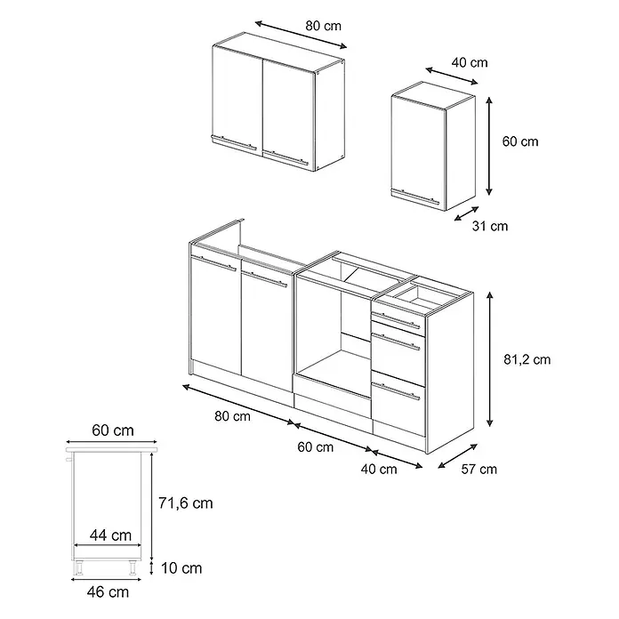 Singleküche R-Line 180 cm Anthrazit Landhaus Art.-Nr. 67803 -  - Modulares Küchenschrank-Set mit Hänge- und Unterschränken sowie einem Beistelltisch, inklusive Maßen.