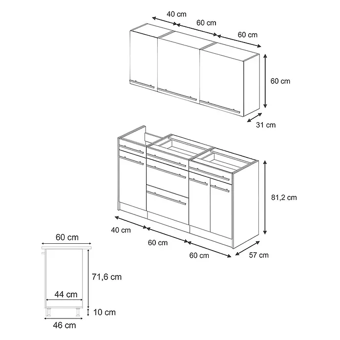 Singleküche R-Line 160 cm Anthrazit Landhaus Art.-Nr. 67731 -  - Detailliertes Diagramm modularer Küchenschränke, mit Ober- und Unterschränken und Maßen.