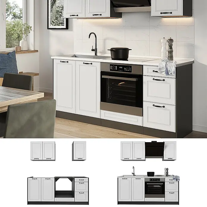 Singleküche R-Line 180 cm Weiß Landhaus Art.-Nr. 67759 -  - Weiße Küchenschränke mit schwarzen Griffen, integrierter Spüle und Backofen, in einer modernen Küche.