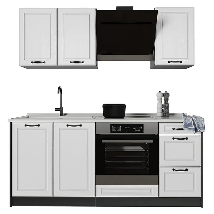 Singleküche R-Line 180 cm Weiß Landhaus Art.-Nr. 67759 -  - Weiße Küchenzeile mit integriertem Backofen, Kochfeld, Spüle und Dunstabzugshaube, mit schwarzen Griffen und modernem Design.