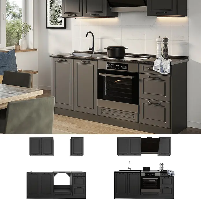 Singleküche R-Line 180 cm Anthrazit Landhaus Art.-Nr. 67756 -  - Dunkelgraue Küchenzeile mit Spüle, Kochfeld und Backofen in moderner Küchenumgebung.