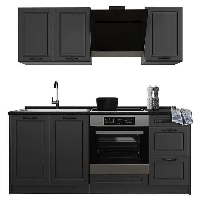 Singleküche R-Line 180 cm Anthrazit Landhaus Art.-Nr. 67756 -  - Schwarze Küchenzeile mit Ober- und Unterschränken, Spüle, Kochfeld und Backofen.
