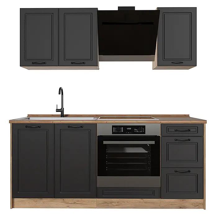 Singleküche R-Line 180 cm Anthrazit Landhaus Art.-Nr. 67803 -  - Dunkelgraue modulare Küchenzeile mit Holzoptik-Details, Spüle, Armatur, Kochfeld, Backofen und Dunstabzugshaube.