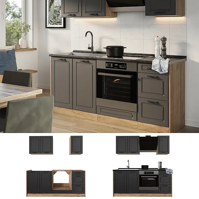 Singleküche R-Line 180 cm Anthrazit Landhaus Art.-Nr. 67803 -  - Moderne dunkelgraue Küchenzeile mit Spüle, Kochfeld und Ofen, mit hellen Holzdetails, in einem Zuhause montiert.