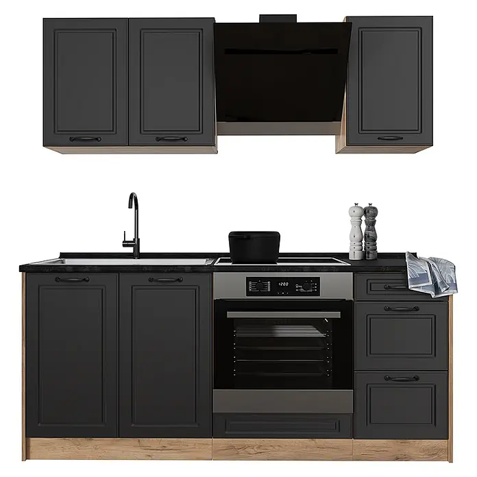 Singleküche R-Line 180 cm Anthrazit Landhaus Art.-Nr. 67803 -  - Moderne schwarze Modulküche mit Holzdetails, schwarzer Arbeitsplatte, Spüle, integriertem Backofen, Kochfeld und Hängeschränken mit Dunstabzugshaube.