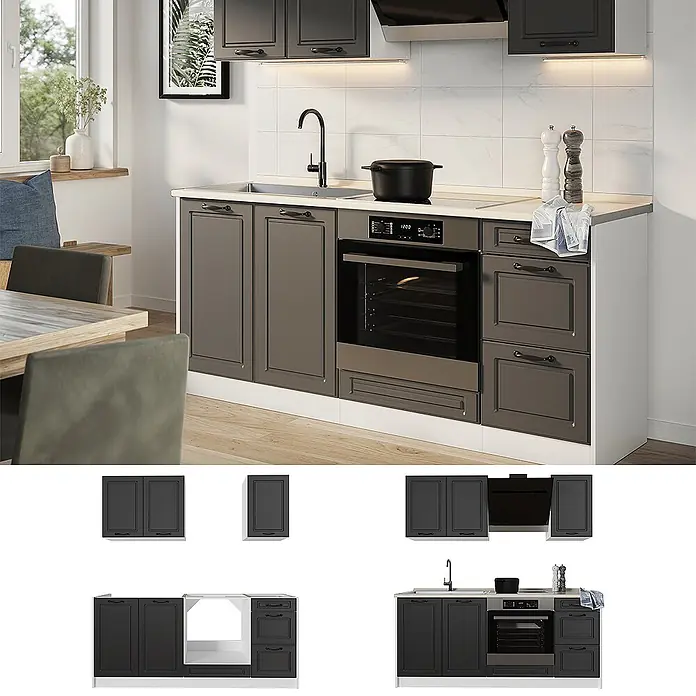 Singleküche R-Line 180 cm Anthrazit Landhaus Art.-Nr. 67815 -  - Moderne dunkelgraue Modulküche mit weißer Arbeitsplatte, Spüle und Backofen in zeitgemäßer Umgebung.