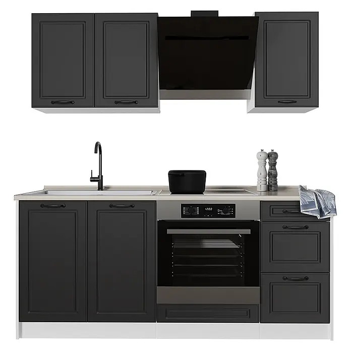 Singleküche R-Line 180 cm Anthrazit Landhaus Art.-Nr. 67815 -  - Dunkelgraue Küchenschränke mit heller Arbeitsplatte, schwarzer Spüle, Backofen und Dunstabzugshaube, mit schwarzen Griffen.