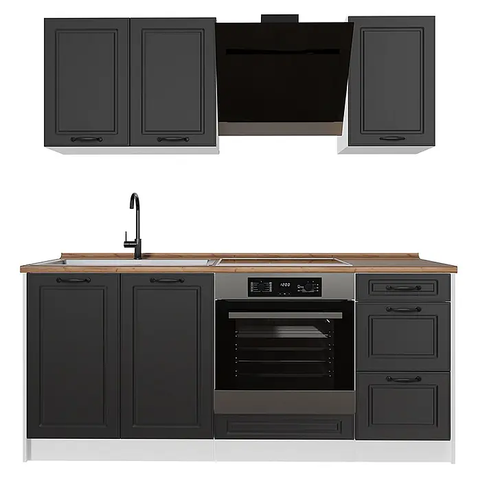 Singleküche R-Line 180 cm Anthrazit Landhaus Art.-Nr. 67815 -  - Moderne modulare Küche mit dunkelgrauen Schränken, Holztheke, integrierter Spüle, Backofen und schwarzer Dunstabzugshaube.