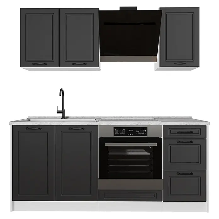 Singleküche R-Line 180 cm Anthrazit Landhaus Art.-Nr. 67816 -  - Dunkelgraue modulare Küchenzeile mit weißer Arbeitsplatte, schwarzem Spülbecken, integriertem Backofen und Dunstabzugshaube.