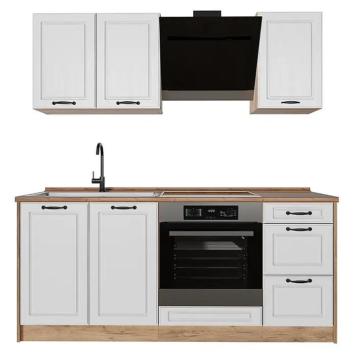 Singleküche R-Line 180 cm Weiß Landhaus Art.-Nr. 67807 -  - Weiße Küchenzeile mit schwarzer Dunstabzugshaube und Backofen, heller Holz-Arbeitsplatte.