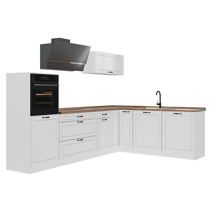Eckküche R-Line 287 cm Weiß Landhaus Art.-Nr. 68215 -  - Weiße L-förmige Einbauküche mit Holzoptik-Arbeitsplatte, integriertem Backofen, dunkelgrauer Dunstabzugshaube und Spüle mit schwarzer Armatur.