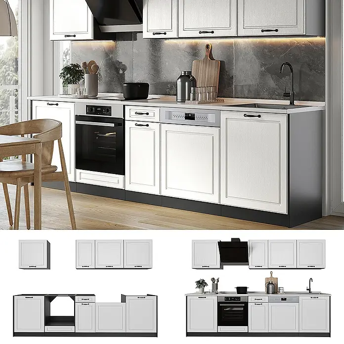 Küchenzeile R-Line 280 cm Weiß Landhaus Art.-Nr. 67905 -  - Modernes Küchenset mit weißen Schränken, schwarzen Griffen und schwarzer Arbeitsplatte, inklusive integriertem Backofen, Geschirrspüler und Spüle.