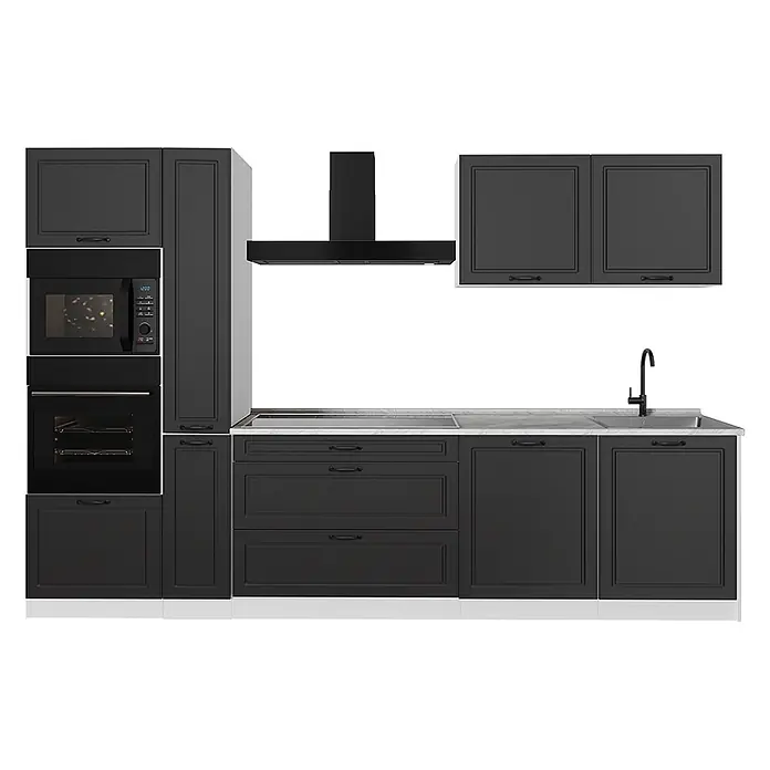 Küchenzeile R-Line 310 cm Anthrazit Landhaus Art.-Nr. 67960 -  - Dunkelgraue modulare Küchenzeile mit eingebauter Mikrowelle, Backofen, Kochfeld, Dunstabzugshaube und Spüle.