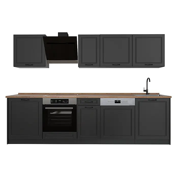Küchenzeile R-Line 280 cm Anthrazit Landhaus Art.-Nr. 67899 -  - Dunkelgraue Küchenzeile mit Holzplatte, schwarzer Dunstabzugshaube, Edelstahlgeräten und Spüle.