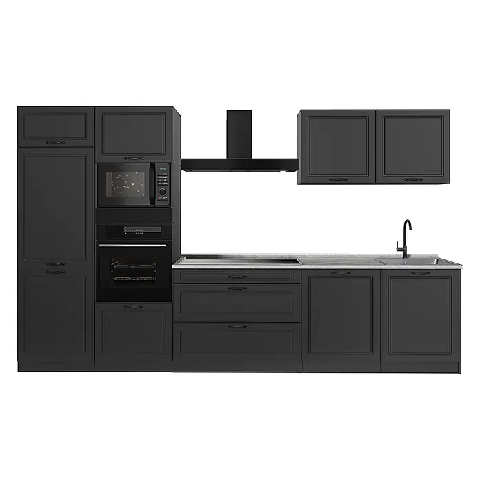 Küchenzeile R-Line 340 cm Anthrazit Landhaus Art.-Nr. 68044 -  - Eine schwarze modulare Küchenzeile mit integrierter Mikrowelle, Backofen, Kochfeld, Spüle und Dunstabzugshaube, mit strukturierten Schranktüren und Schubladen.