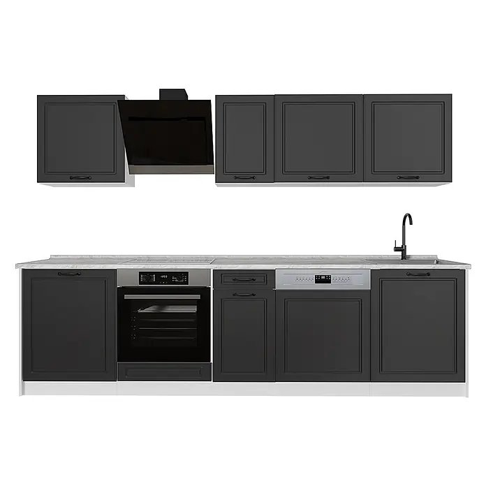 Küchenzeile R-Line 280 cm Anthrazit Landhaus Art.-Nr. 67924 -  - Dunkelgraue Küchenschränke mit weißer Marmor-Arbeitsplatte, integriertem Backofen, Geschirrspüler und schwarzer Dunstabzugshaube. Inklusive schwarzer Armatur und Spüle.