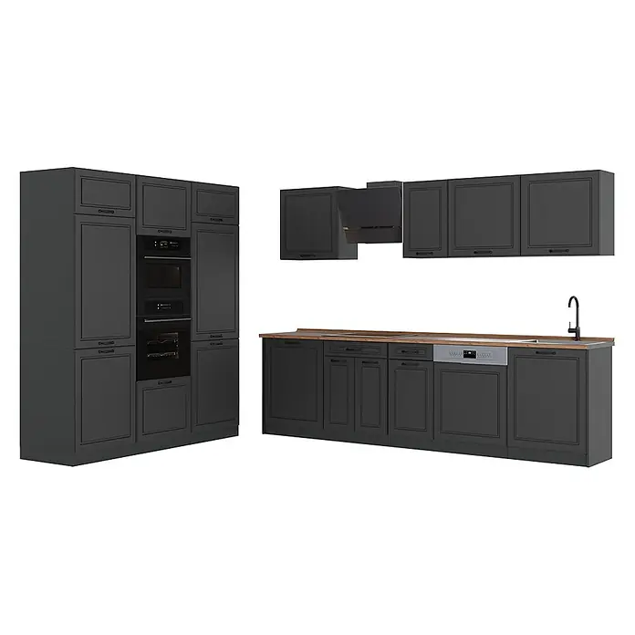 Küchenzeile R-Line 180 cm Anthrazit Landhaus Art.-Nr. 67767 -  - Dunkelgraue Küche mit Paneeltüren, Holztheke, integrierten Öfen, Spüle und Geschirrspüler.