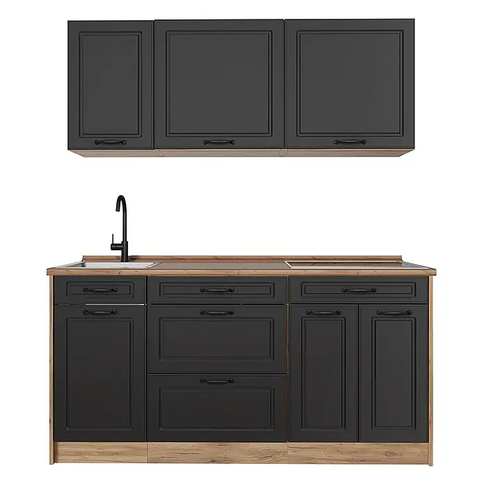 Singleküche R-Line 160 cm Anthrazit Landhaus Art.-Nr. 67731 -  - Dunkelgraue Küchenzeile mit Holzoptik-Arbeitsplatte und -Sockel, klassischen Kassettentüren, schwarzen Griffen, Spüle und Kochfeld.