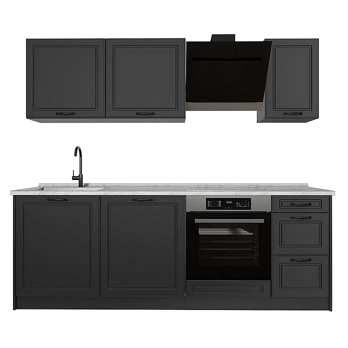 Küchenzeile R-Line 220 cm Anthrazit Landhaus Art.-Nr. 67828 -  - Schwarze modulare Küchenzeile mit Oberschränken, integrierter Dunstabzugshaube, Spüle und Backofen.