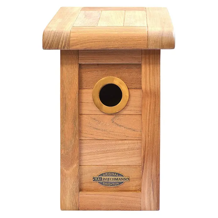 Teak Nistkasten für Gartenvögel als wetterfestes Vogelhaus Massivholz -  - Holz-Vogelhaus mit Messing-Eingangsloch und Markenschild.