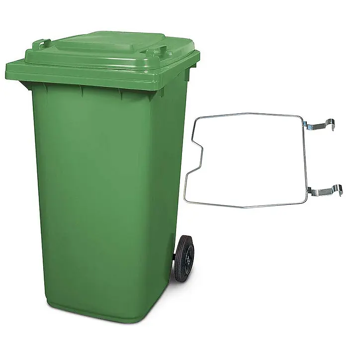 BRB Mülltonne MGB 240 Liter, mit Klemmring für Müllsäcke - grün - Grüner Rollmüllbehälter mit separatem Metall-Müllbeutelhalter.