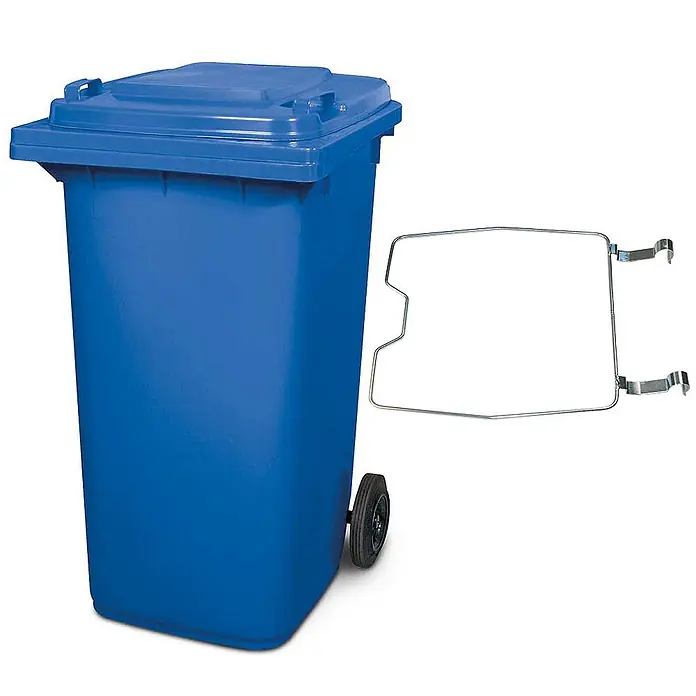 BRB Mülltonne MGB 240 Liter, mit Klemmring für Müllsäcke - blau - Blauer Rollmüllbehälter aus Kunststoff mit separatem Metall-Müllsackhalter.