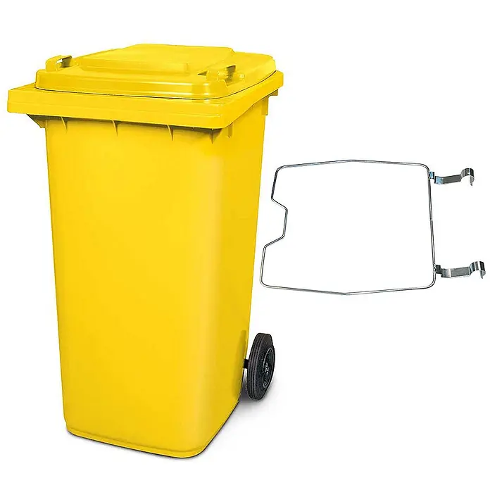BRB Mülltonne MGB 240 Liter, mit Klemmring für Müllsäcke - gelb - Leuchtend gelbe Rollmülltonne mit passendem Deckel und einem separaten Metallrahmen für Abfallsäcke.