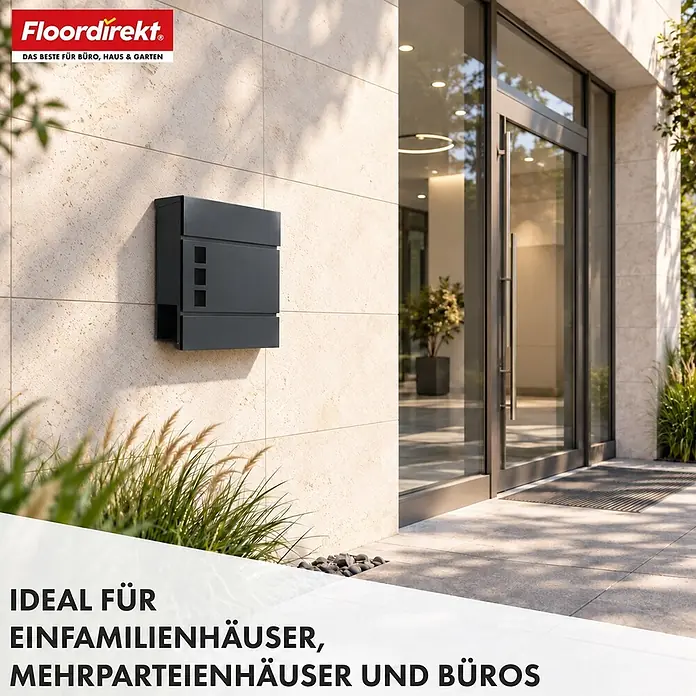 Floordirekt Briefkasten Jules mit Zeitungsfach Anthrazit -  - Dunkelgrauer Briefkasten an einer modernen Gebäudewand. Ideal für Ein-, Mehrfamilienhäuser und Büros.