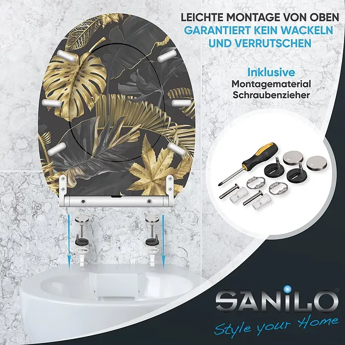WC-Sitz mit Absenkautomatik & Top Fix Golden Leaves -  - Toilettensitz mit schwarz-goldenem Tropenblattmuster, gezeigt bei der Top-Montage auf einer weißen Toilette, inklusive Montagematerial und Schraubenzieher.