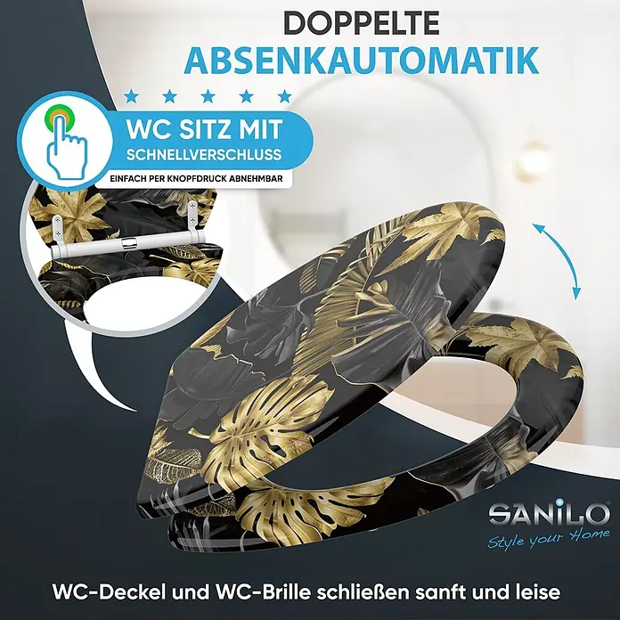 WC-Sitz mit Absenkautomatik & Top Fix Golden Leaves -  - Toilettensitz schwarz mit goldenem Tropenblattmuster, mit Absenkautomatik und Schnellverschluss.