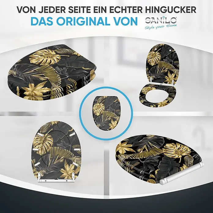 WC-Sitz mit Absenkautomatik & Top Fix Golden Leaves -  - Toilettensitz mit schwarzem Hintergrund und goldenem Tropenblattmuster, aus verschiedenen Winkeln dargestellt.