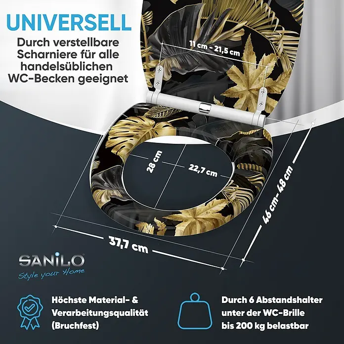 WC-Sitz mit Absenkautomatik & Top Fix Golden Leaves -  - WC-Sitz mit Schwarz-Gold-Blattmuster, universell passend durch verstellbare Scharniere, hohe Belastbarkeit.