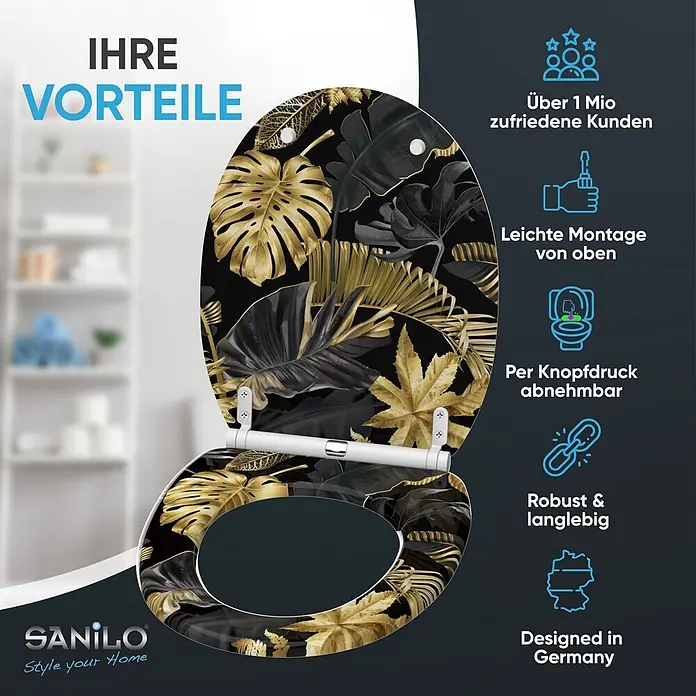 WC-Sitz mit Absenkautomatik & Top Fix Golden Leaves -  - Schwarzer Toilettensitz mit goldener tropischer Blättermusterung.