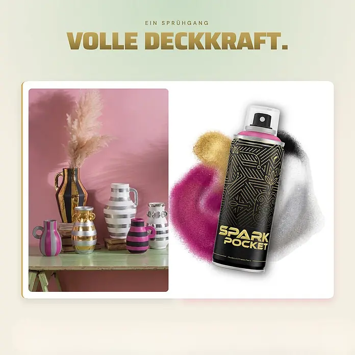 SPARK Pocket Sprühfarbe 200ml Glänzende Farbe Apolo Grau -  - Spark Pocket Sprühdose, schwarz mit goldenem Muster und rosa Kappe, neben bunten gestreiften Vasen, die volle Deckkraft zeigen.
