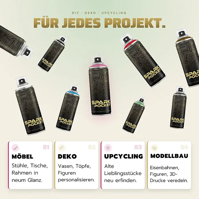 SPARK Pocket Sprühfarbe 200ml 6er Set Gelb Rot Grün Blau Magenta Schwarz -  - Mehrere bunte Spark Pocket Sprühdosen umgeben von Text mit verschiedenen DIY-Projekten.