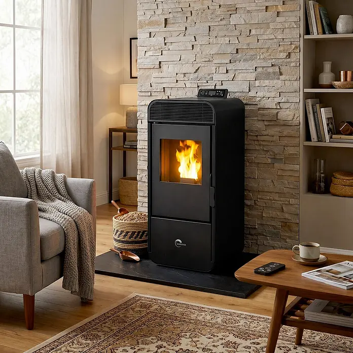 Sannover Pelletofen Izedia 13,8 kW Schwarz -  - Schwarzer Pelletofen mit sichtbarer Flamme, der ein modernes Wohnzimmer mit Steinwand und gemütlicher Einrichtung wärmt.