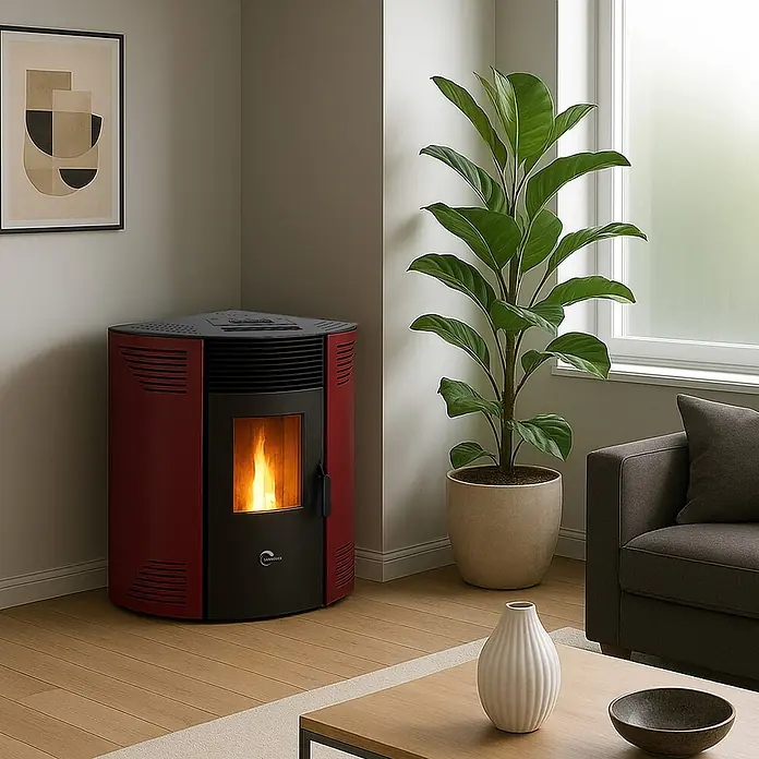 Sannover Eck - Pelletofen Iseos 12,2 kW -  - Roter und schwarzer Pelletofen mit leuchtendem Feuer, in der Ecke eines modernen Wohnzimmers platziert.