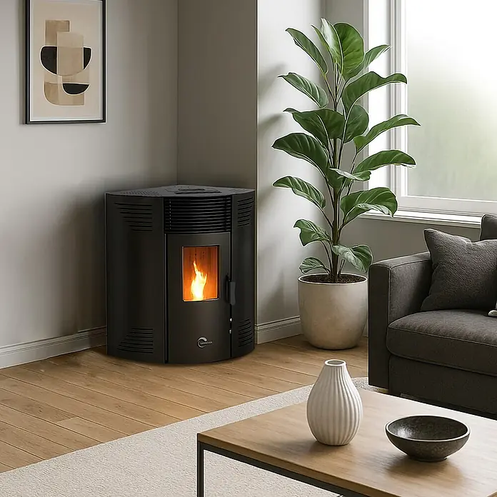 Sannover Eck - Pelletofen Iseos 12,2 kW Schwarz -  - Dunkelgrauer Eck-Pelletofen mit sichtbaren Flammen, der ein modernes Wohnzimmer wärmt. Kompakte und effiziente Heizlösung.