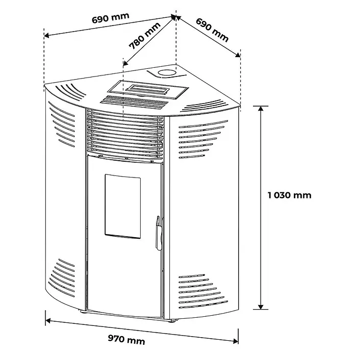 Sannover Eck - Pelletofen Iseos 12,2 kW Schwarz -  - Eckiger Pelletofen, technische Zeichnung mit Maßen: Höhe 1030mm, Breite 970mm, Oberseiten 690mm, 780mm.