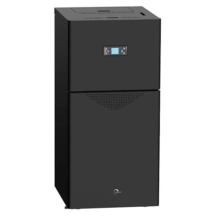 Sannover Pelletkessel kompakt Alva 30,7 kW -  - Schwarzes Standgerät mit Digitalanzeige und perforiertem Gitter, wahrscheinlich für Luftbehandlung oder Klimatisierung.
